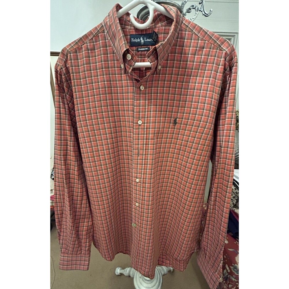 Ralph Lauren Shirt Mens L Orange Plaid Button Up Classic Fit Preppy Casual